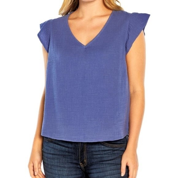 NWT Three Dots 100% Gauzy Cotton Flutter Sleeve Blouse - Size Large - Picture 1 of 7